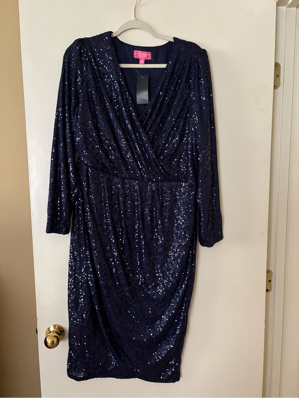 Isaac Mizrahi Navy Sequin Wrap-Style Long Sleeve Dress